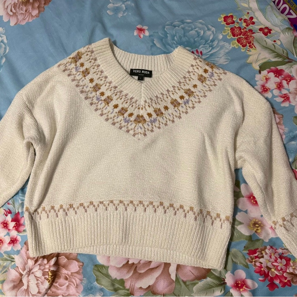 Vero Moda Cream V-Neck Sweater with Patterned Details